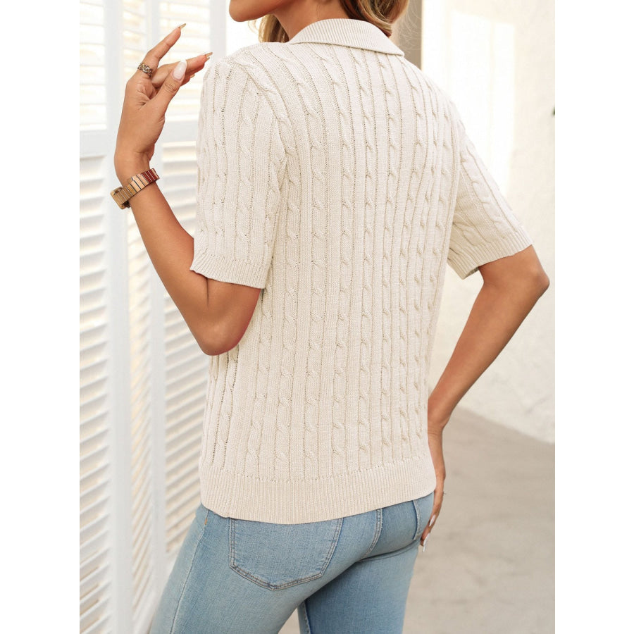 Mandy Cable Knit Johnny Collar Half Sleeve Sweater Apparel and Accessories