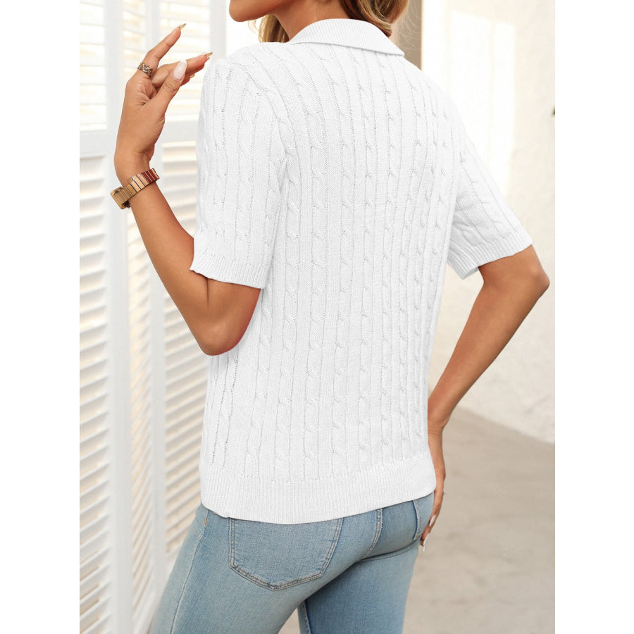 Mandy Cable Knit Johnny Collar Half Sleeve Sweater Apparel and Accessories