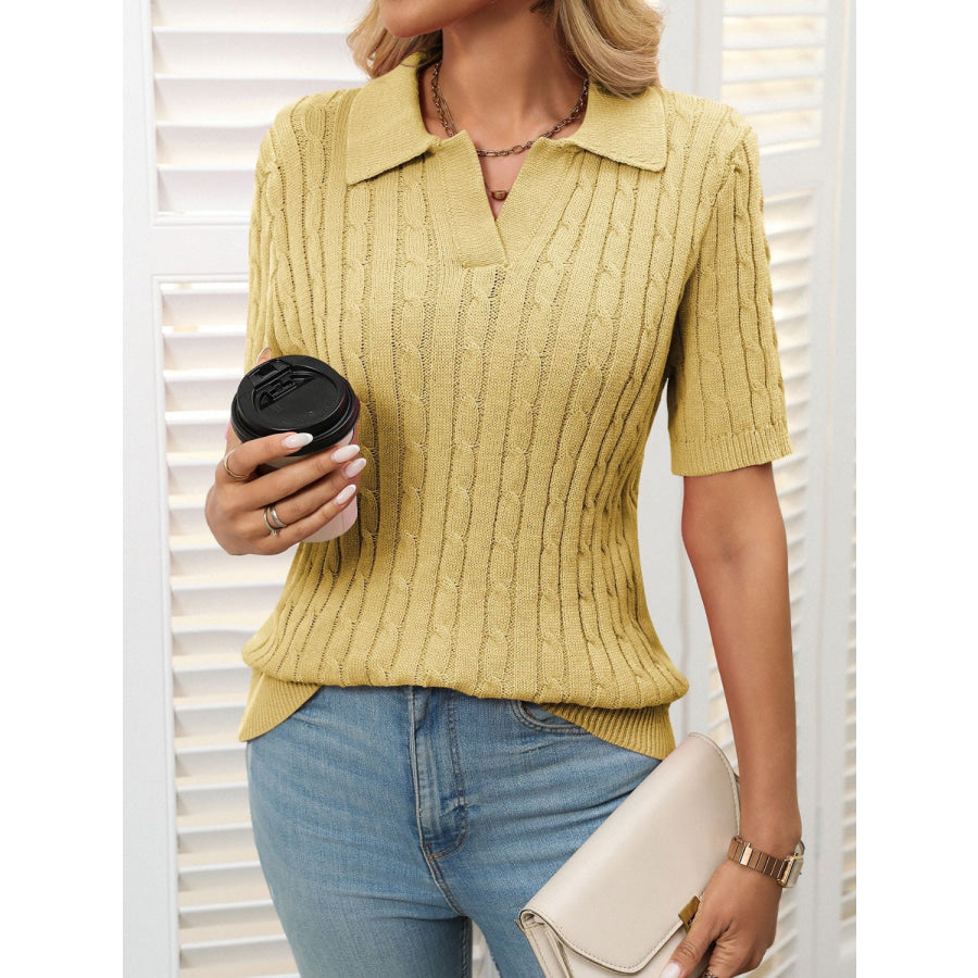 Mandy Cable Knit Johnny Collar Half Sleeve Sweater Apparel and Accessories