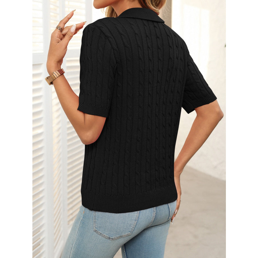 Mandy Cable Knit Johnny Collar Half Sleeve Sweater Apparel and Accessories