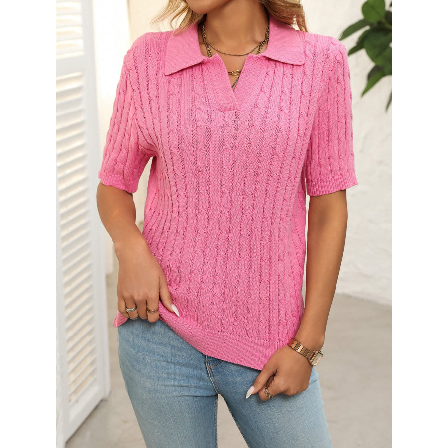 Mandy Cable Knit Johnny Collar Half Sleeve Sweater Apparel and Accessories