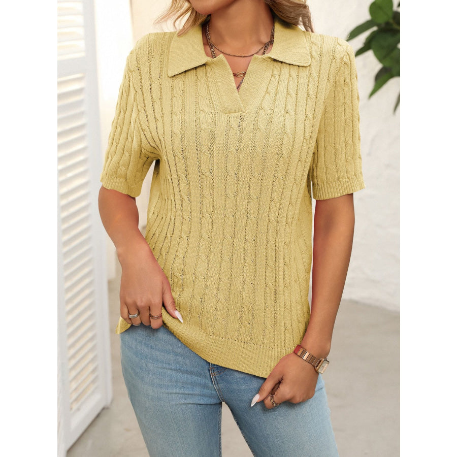 Mandy Cable Knit Johnny Collar Half Sleeve Sweater Apparel and Accessories