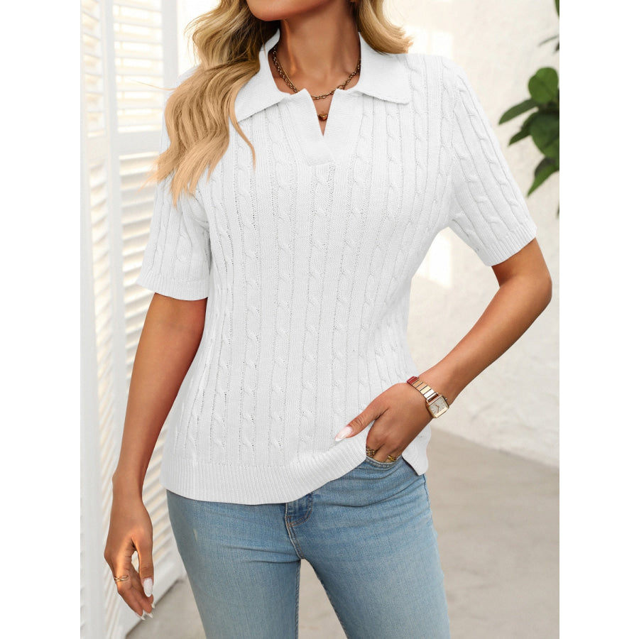 Mandy Cable Knit Johnny Collar Half Sleeve Sweater Apparel and Accessories