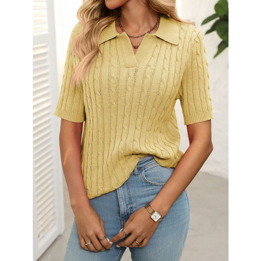 Mandy Cable Knit Johnny Collar Half Sleeve Sweater Apparel and Accessories