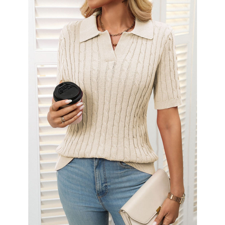 Mandy Cable Knit Johnny Collar Half Sleeve Sweater Apparel and Accessories