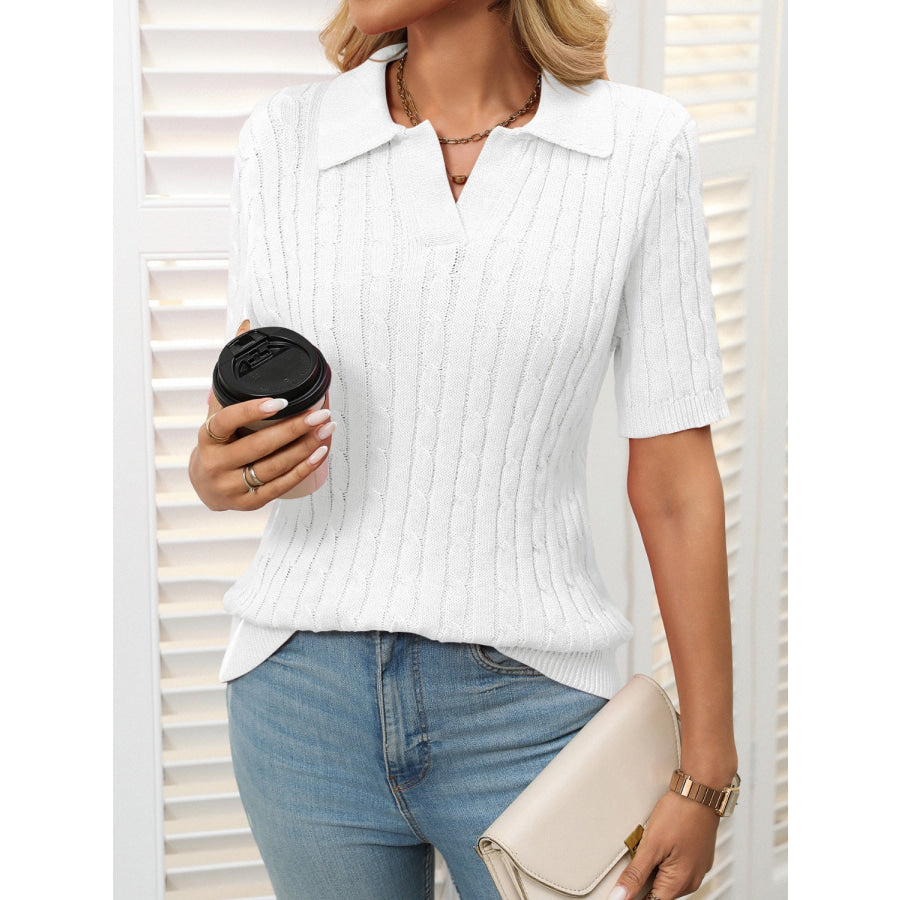 Mandy Cable Knit Johnny Collar Half Sleeve Sweater Apparel and Accessories