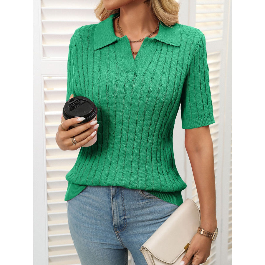 Mandy Cable Knit Johnny Collar Half Sleeve Sweater Apparel and Accessories