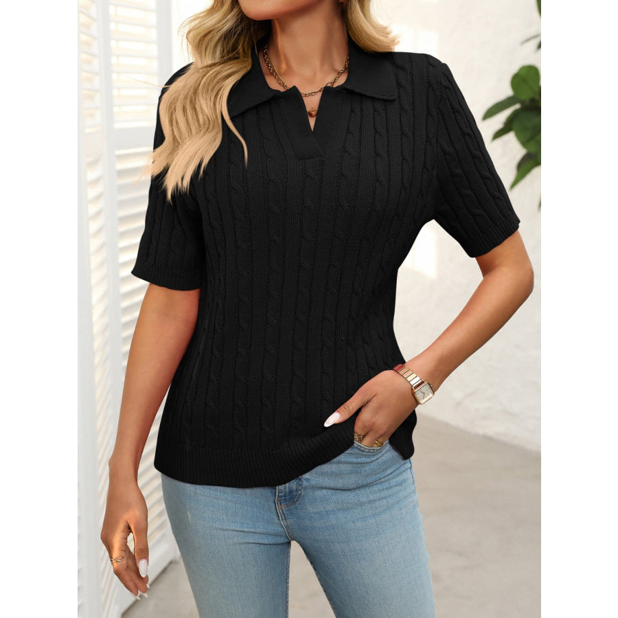Mandy Cable Knit Johnny Collar Half Sleeve Sweater Black / S Apparel and Accessories