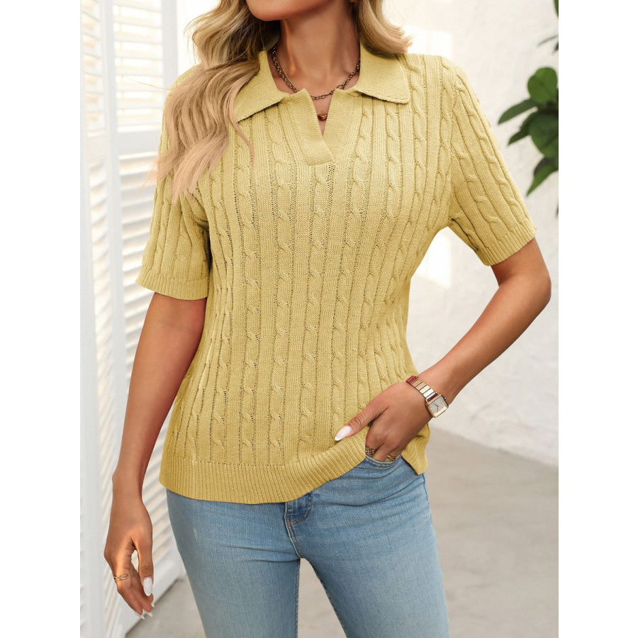 Mandy Cable Knit Johnny Collar Half Sleeve Sweater Turmeric / S Apparel and Accessories