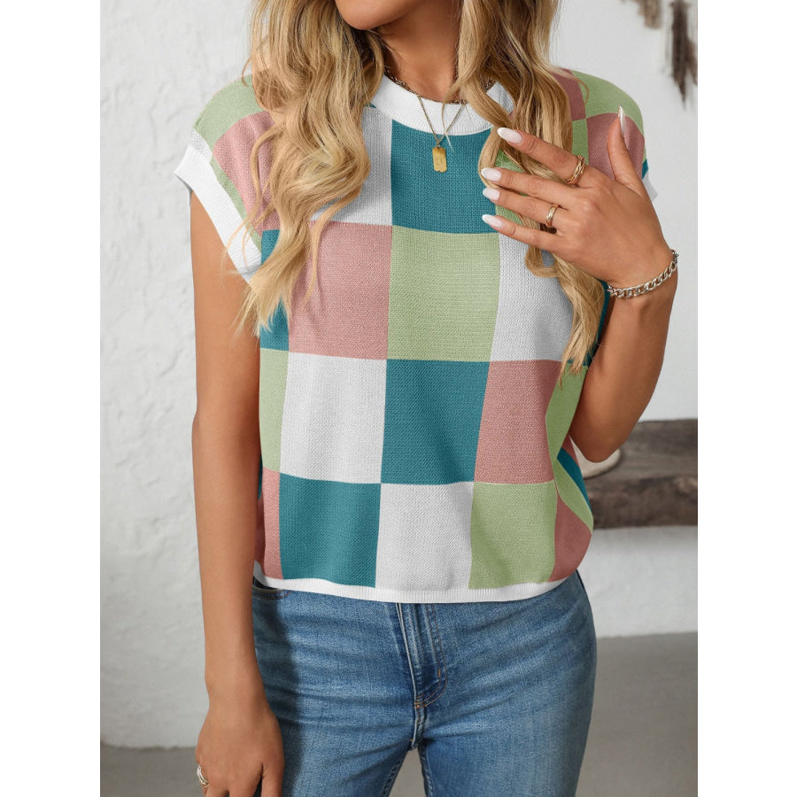 Mandy Checkered Round Neck Cap Sleeve Knit Top Apparel and Accessories