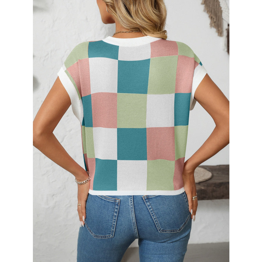 Mandy Checkered Round Neck Cap Sleeve Knit Top Apparel and Accessories