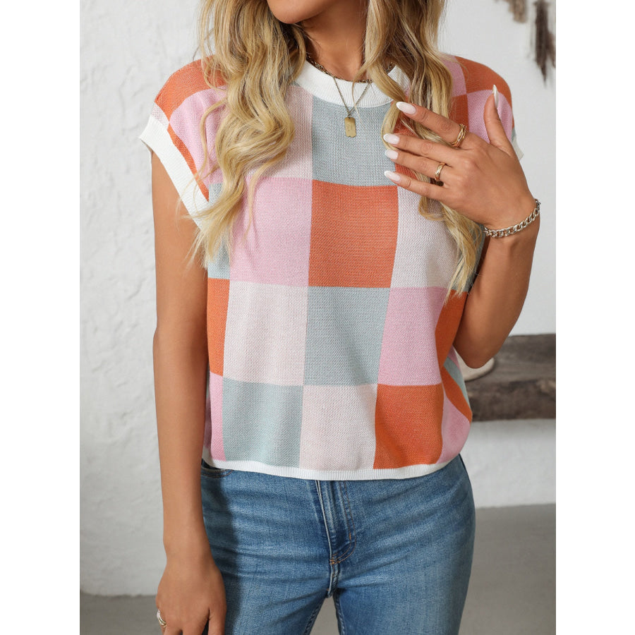 Mandy Checkered Round Neck Cap Sleeve Knit Top Apparel and Accessories