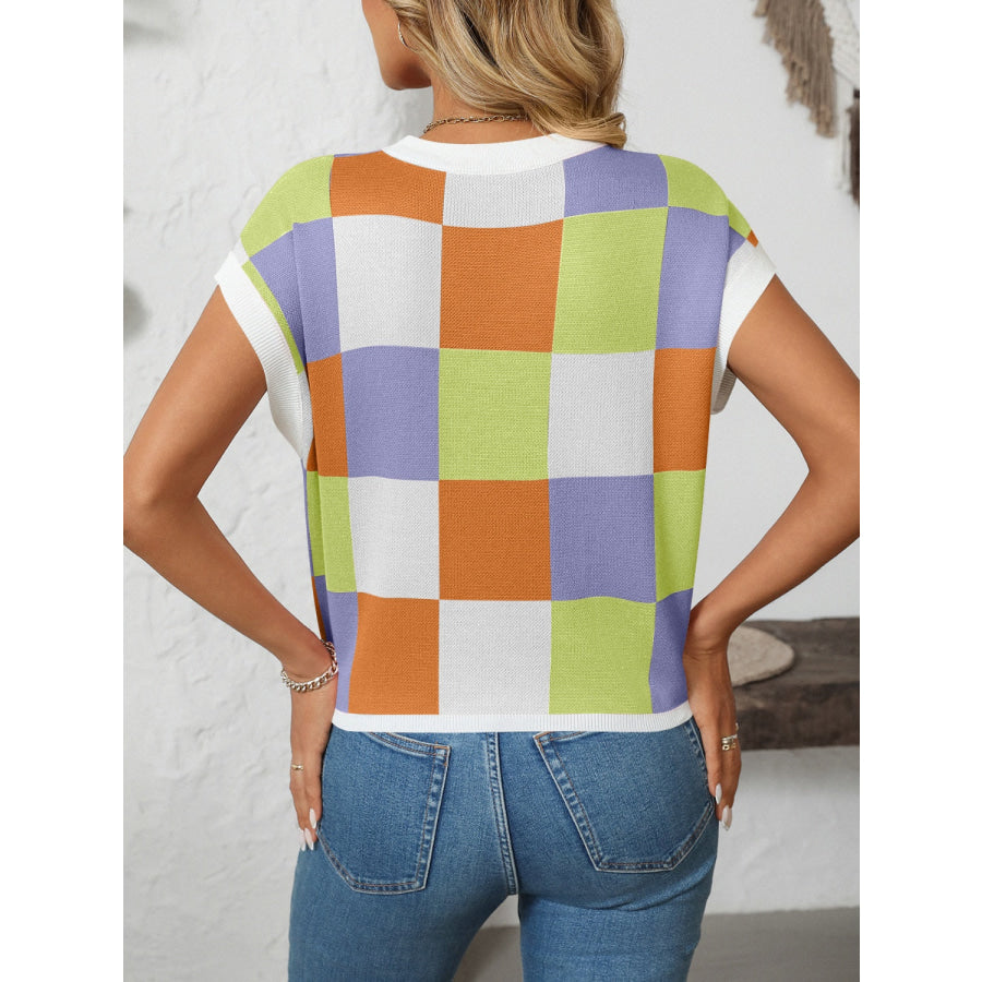 Mandy Checkered Round Neck Cap Sleeve Knit Top Apparel and Accessories