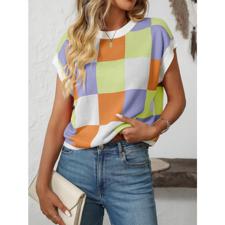 Mandy Checkered Round Neck Cap Sleeve Knit Top Apparel and Accessories