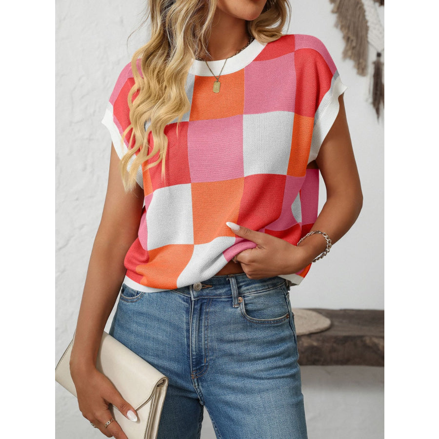 Mandy Checkered Round Neck Cap Sleeve Knit Top Apparel and Accessories