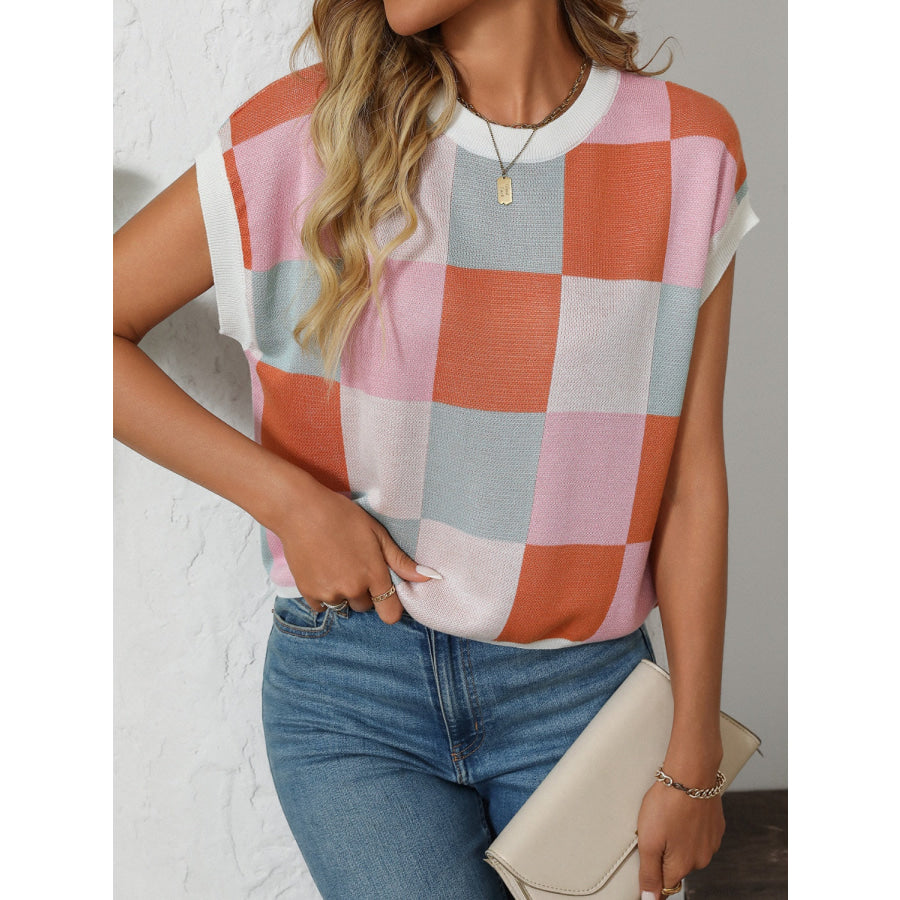 Mandy Checkered Round Neck Cap Sleeve Knit Top Apparel and Accessories