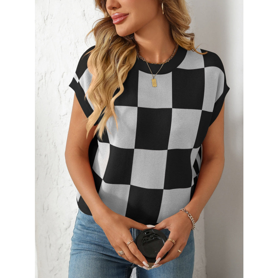 Mandy Checkered Round Neck Cap Sleeve Knit Top Apparel and Accessories
