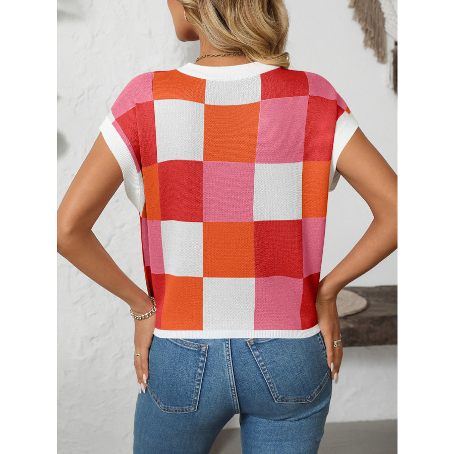 Mandy Checkered Round Neck Cap Sleeve Knit Top Apparel and Accessories