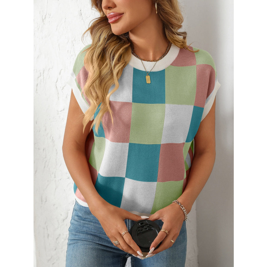 Mandy Checkered Round Neck Cap Sleeve Knit Top Blue/Green / S Apparel and Accessories