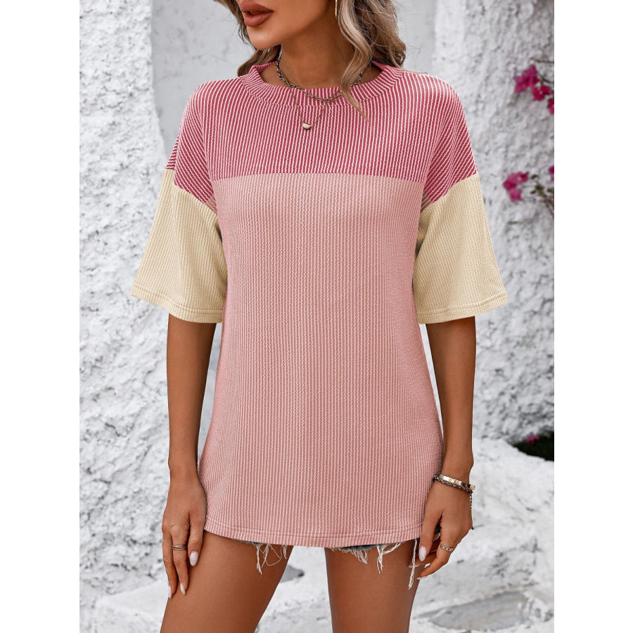 Mandy Color Block Round Neck Half Sleeve T-Shirt Apparel and Accessories