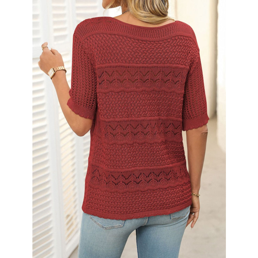 Mandy Openwork Round Neck Half Sleeve Knit Top Apparel and Accessories