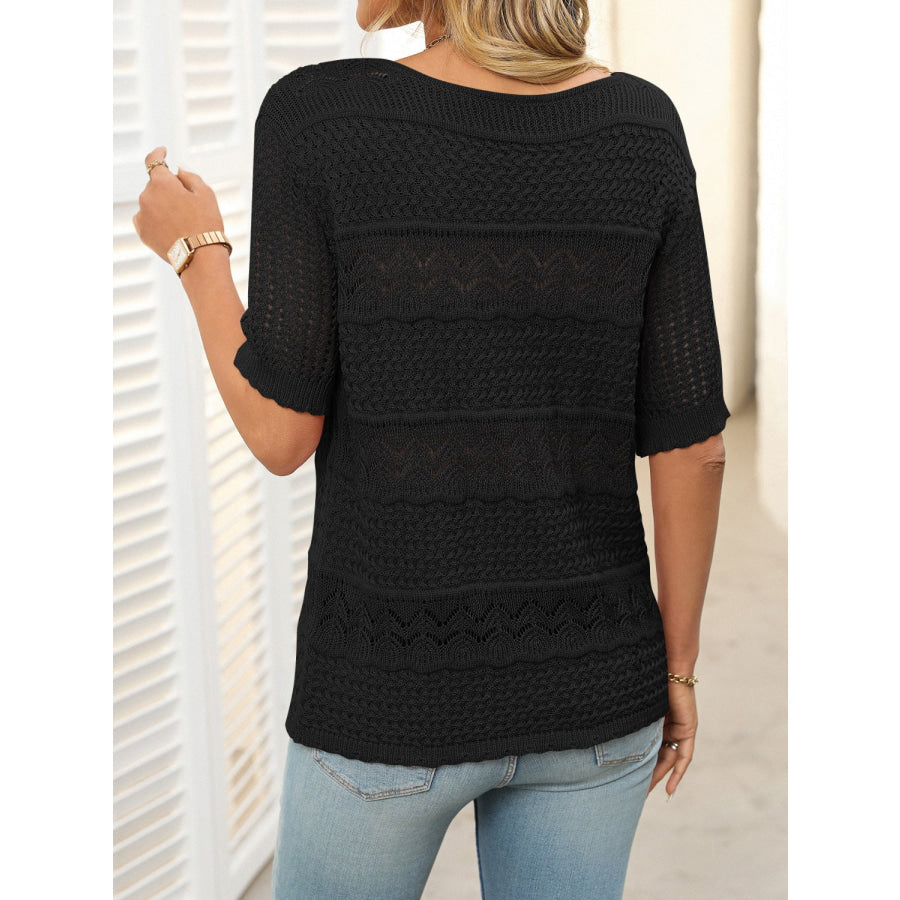 Mandy Openwork Round Neck Half Sleeve Knit Top Apparel and Accessories