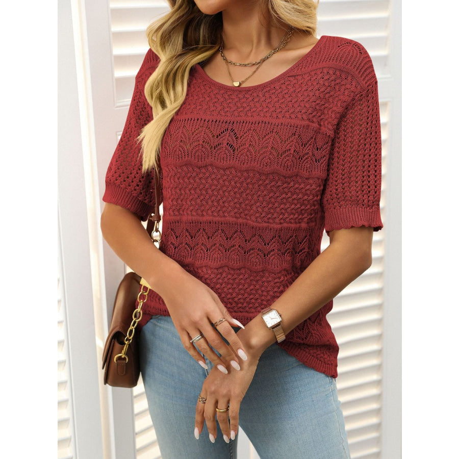 Mandy Openwork Round Neck Half Sleeve Knit Top Apparel and Accessories