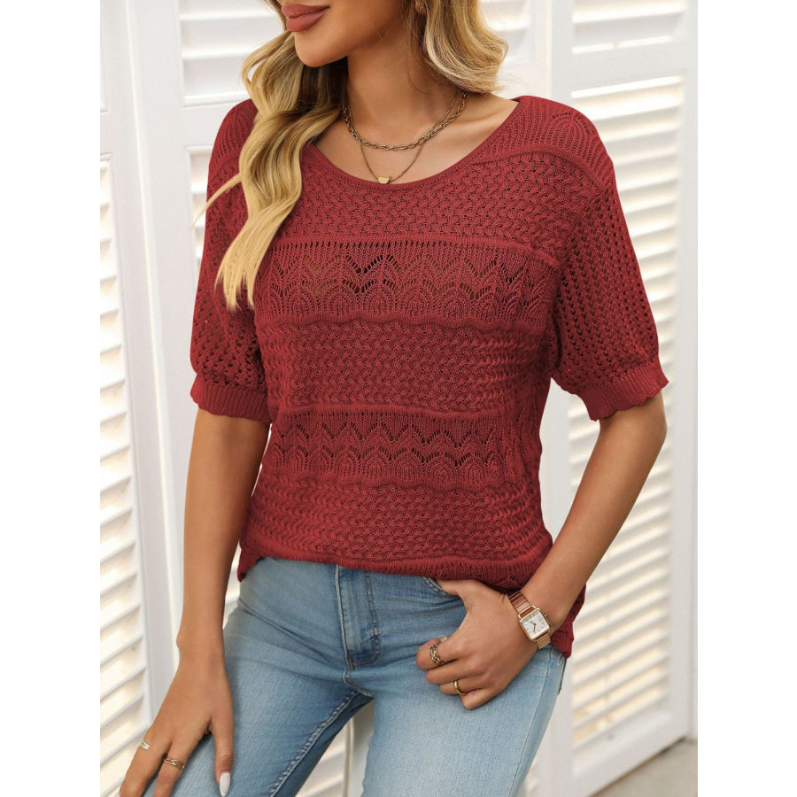 Mandy Openwork Round Neck Half Sleeve Knit Top Apparel and Accessories