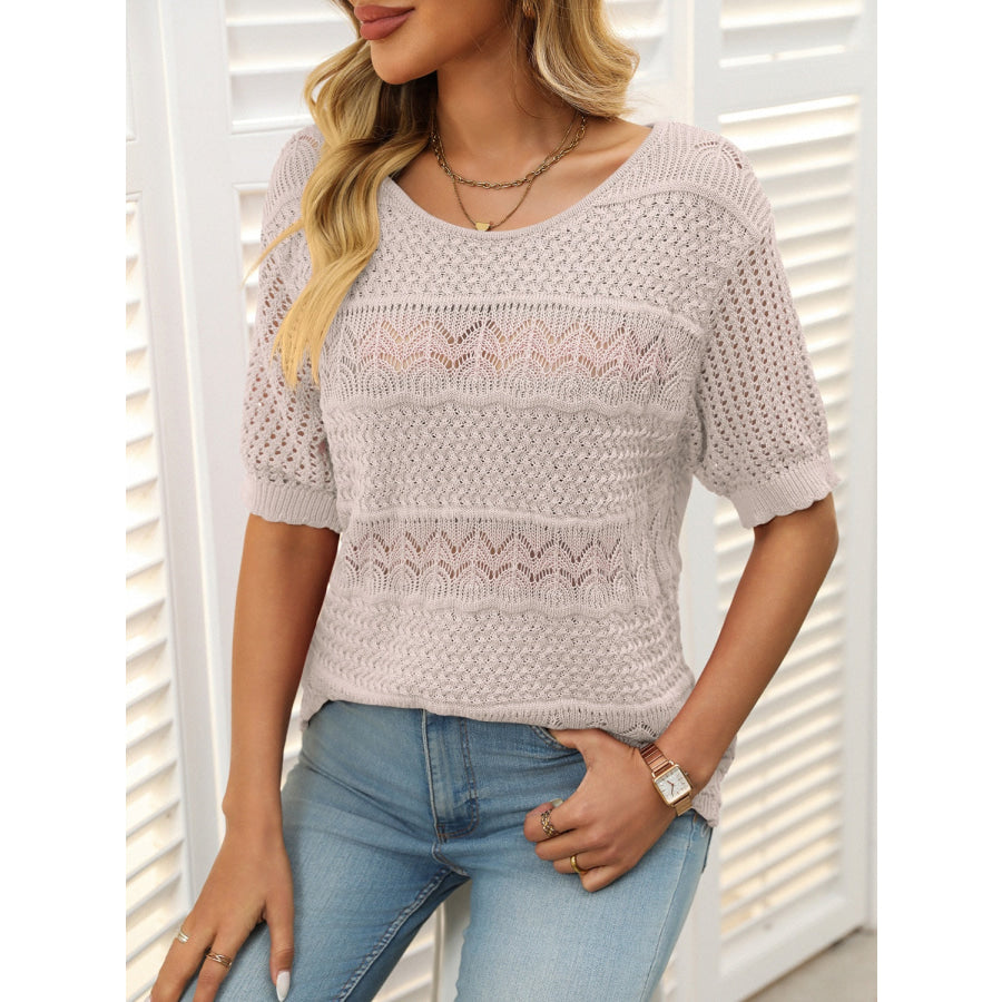 Mandy Openwork Round Neck Half Sleeve Knit Top Apparel and Accessories