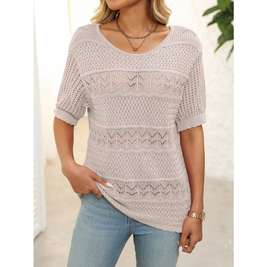 Mandy Openwork Round Neck Half Sleeve Knit Top Apparel and Accessories