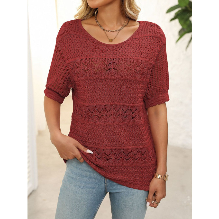 Mandy Openwork Round Neck Half Sleeve Knit Top Burgundy / S Apparel and Accessories