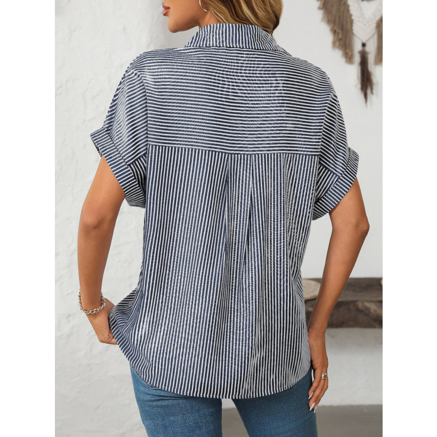 Mandy Pocketed Striped Collared Neck Short Sleeve Shirt Apparel and Accessories