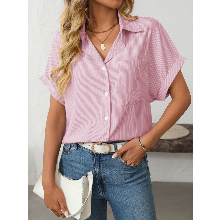 Mandy Pocketed Striped Collared Neck Short Sleeve Shirt Blush Pink / S Apparel and Accessories