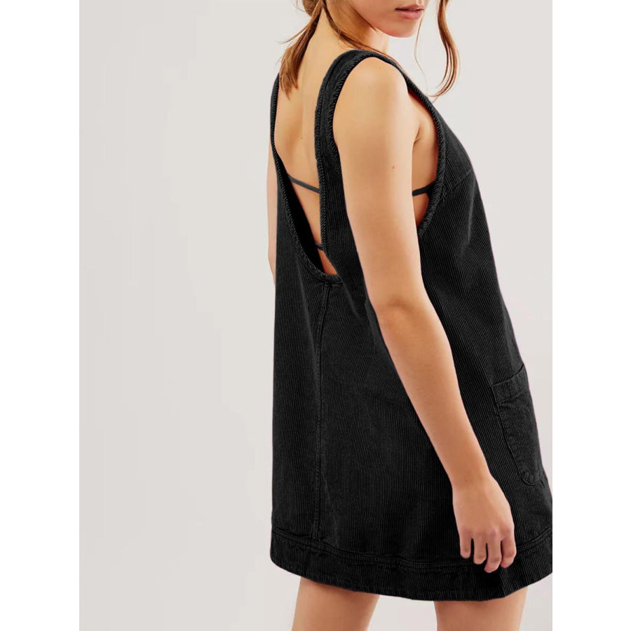 Mandy Round Neck Wide Strap Mini Dress with Pockets Apparel and Accessories