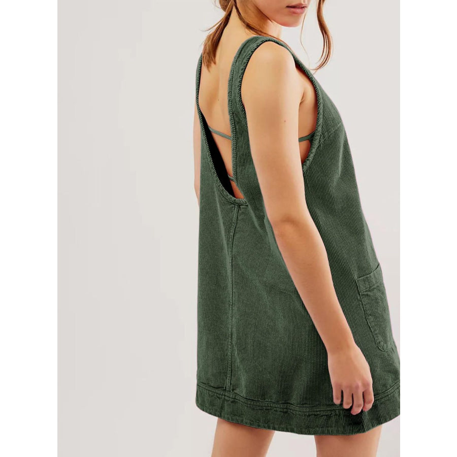 Mandy Round Neck Wide Strap Mini Dress with Pockets Apparel and Accessories