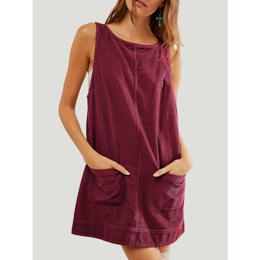 Mandy Round Neck Wide Strap Mini Dress with Pockets Apparel and Accessories
