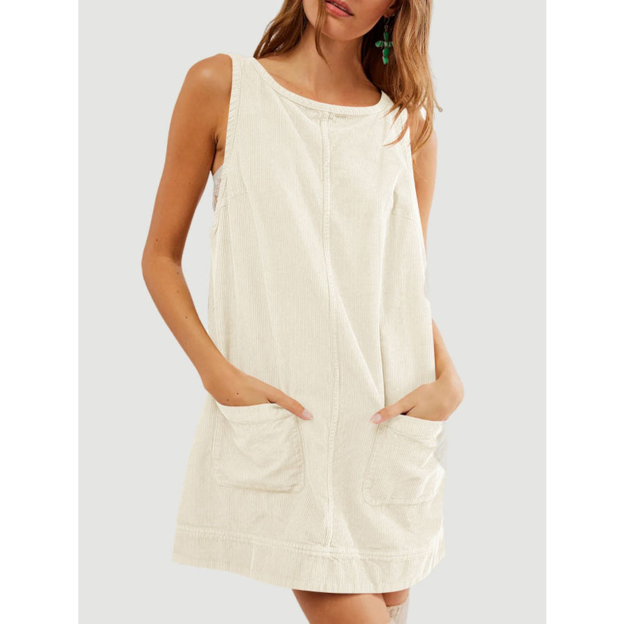 Mandy Round Neck Wide Strap Mini Dress with Pockets Apparel and Accessories