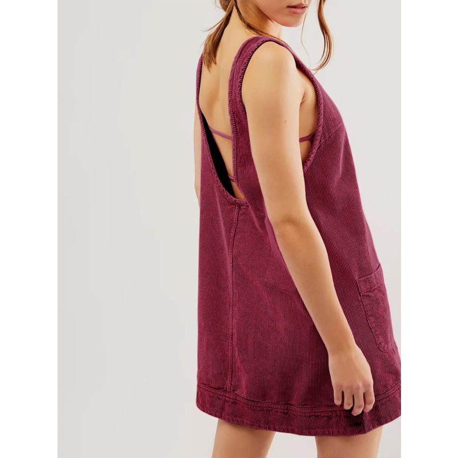 Mandy Round Neck Wide Strap Mini Dress with Pockets Apparel and Accessories