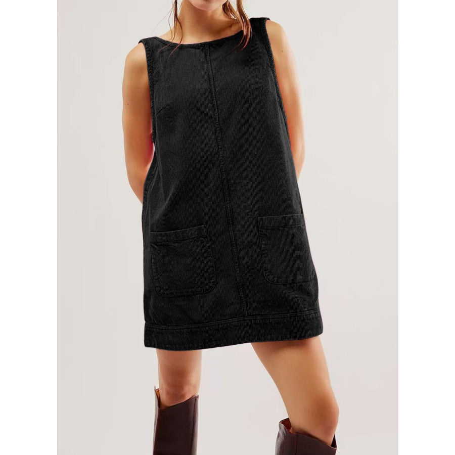 Mandy Round Neck Wide Strap Mini Dress with Pockets Black / S Apparel and Accessories