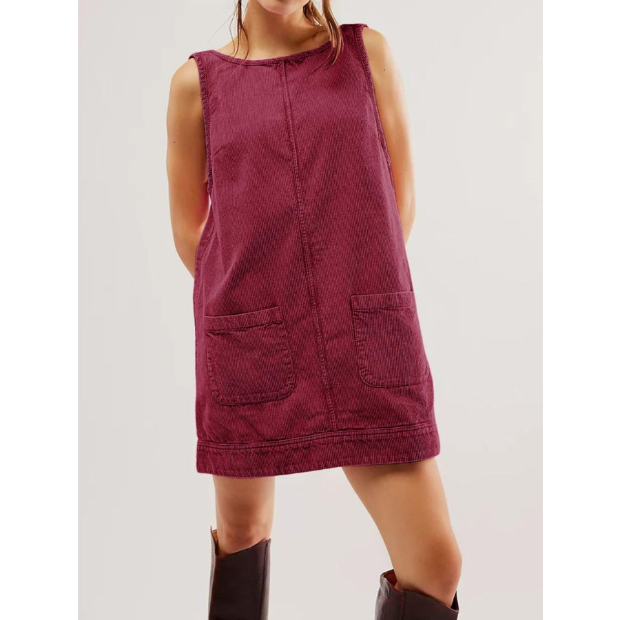Mandy Round Neck Wide Strap Mini Dress with Pockets Burgundy / S Apparel and Accessories