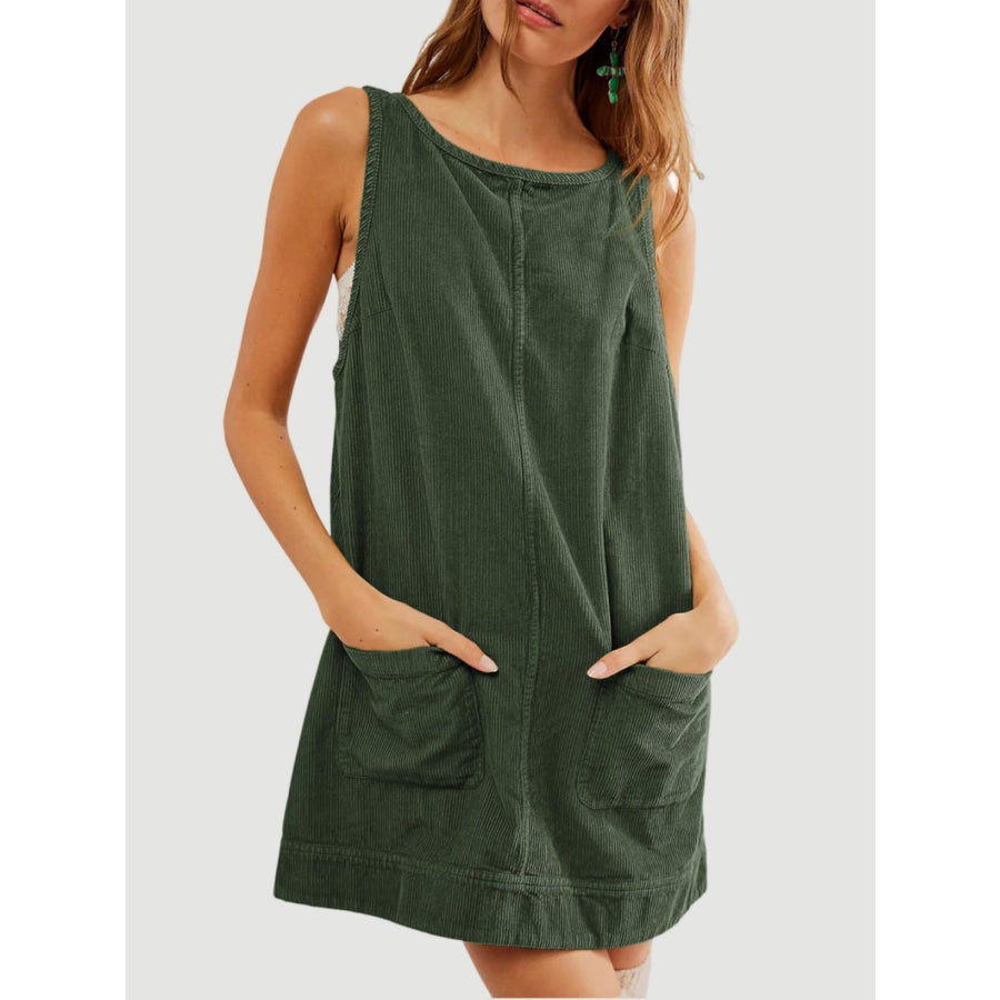 Mandy Round Neck Wide Strap Mini Dress with Pockets Dark Green / S Apparel and Accessories