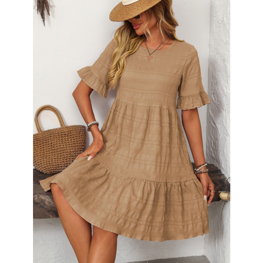 Mandy Ruffled Ruched Round Neck Half Sleeve Dress Apparel and Accessories