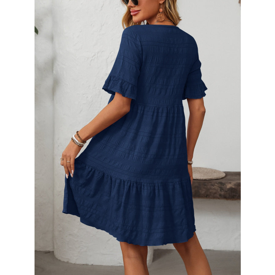 Mandy Ruffled Ruched Round Neck Half Sleeve Dress Apparel and Accessories