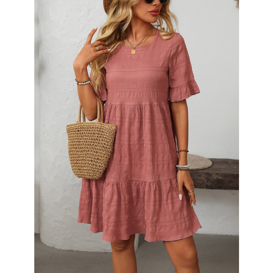 Mandy Ruffled Ruched Round Neck Half Sleeve Dress Apparel and Accessories