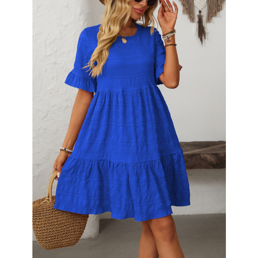 Mandy Ruffled Ruched Round Neck Half Sleeve Dress Apparel and Accessories