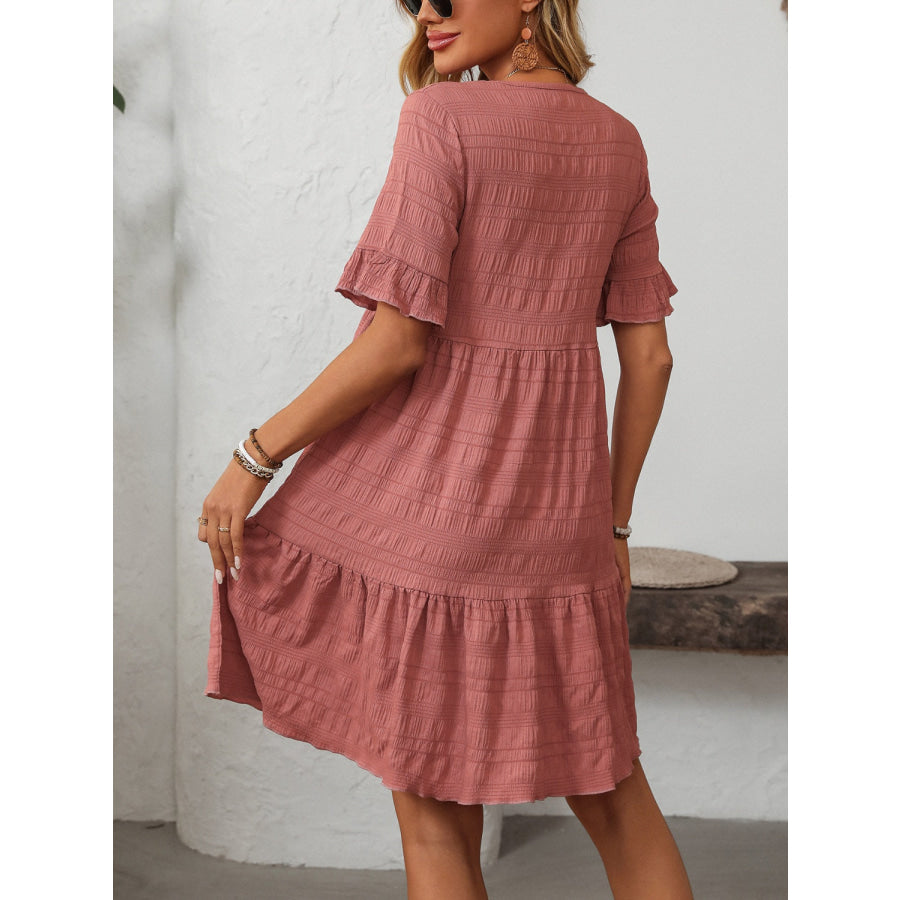 Mandy Ruffled Ruched Round Neck Half Sleeve Dress Apparel and Accessories