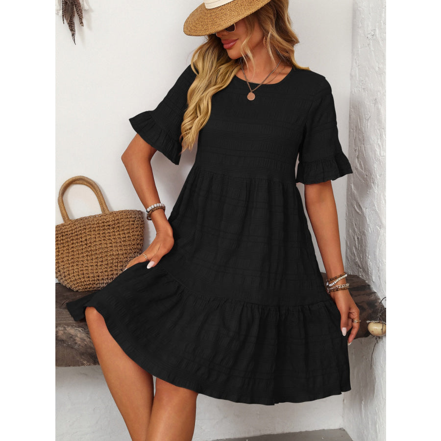 Mandy Ruffled Ruched Round Neck Half Sleeve Dress Apparel and Accessories