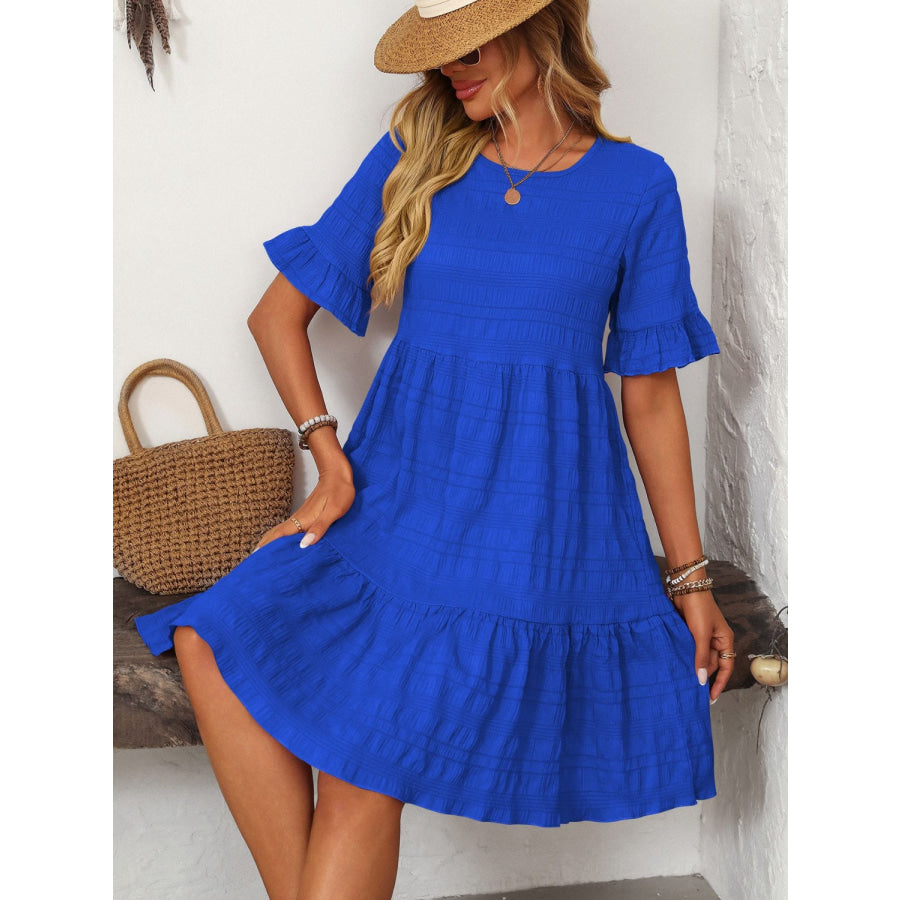 Mandy Ruffled Ruched Round Neck Half Sleeve Dress Apparel and Accessories