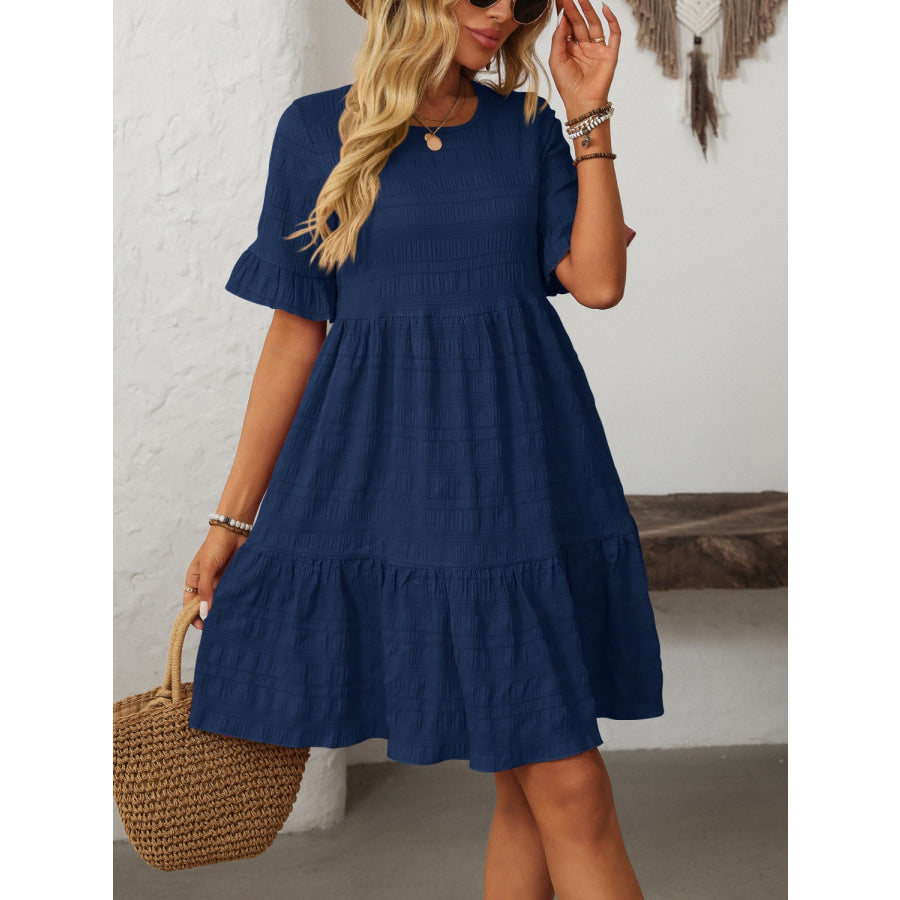 Mandy Ruffled Ruched Round Neck Half Sleeve Dress Apparel and Accessories