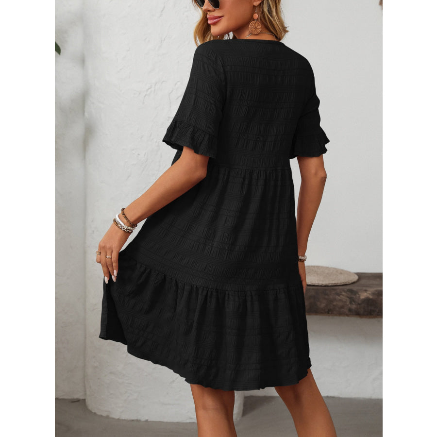 Mandy Ruffled Ruched Round Neck Half Sleeve Dress Apparel and Accessories
